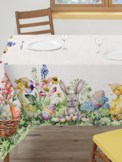 Tovaglia in cotone con stampa digitale conigli, uova pasquali e papere 140x180 cm.