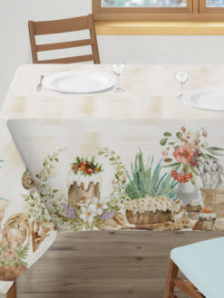 Tovaglia in cotone con stampa digitale di conigli, uova pasquali e dolci 140x180 cm