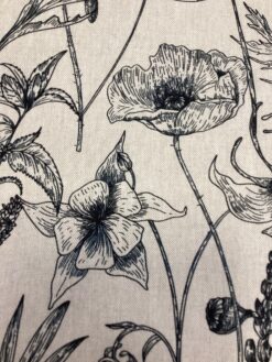 Tessuto misto cotone stampa floreale nera su fondo tortora