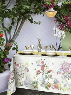 Tessuto cotone con stampa  teiere fiori e frutti