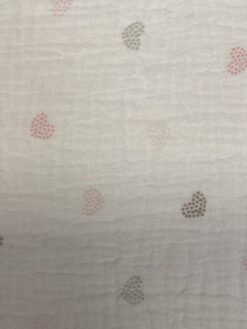 Mussola in cotone con stampa cuori rosa e tortora