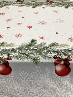 Alternative view of Tessuto antimacchia con stampa rami di pino e palline di Natale rosse