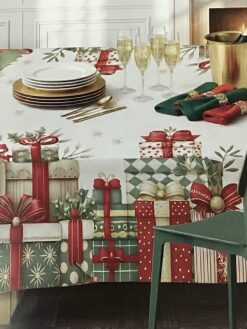 Tessuto antimacchia con stampa pacchetti da regalo natalizi.