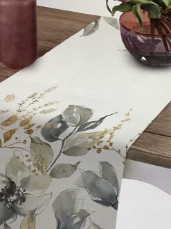 Alternative view of Tessuto antimacchia con stampa foglie,fiori e rami nei colori grigio tortora e oro